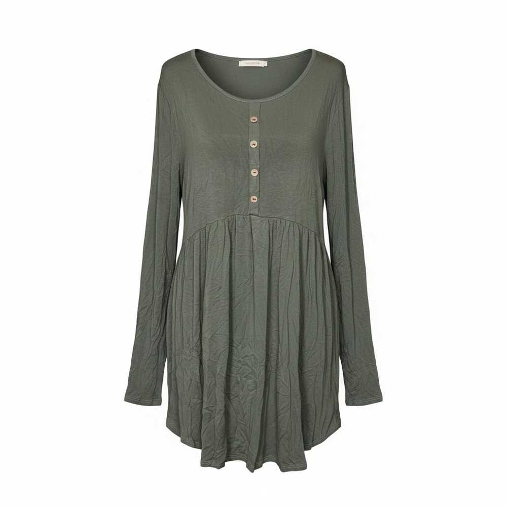 BOMBOM Olive Green Babydoll Henley‎ Tunic Top Long Sleeve XL